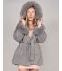 Hooded Wool Wrap Coat with Fox Fur Trim in Grey