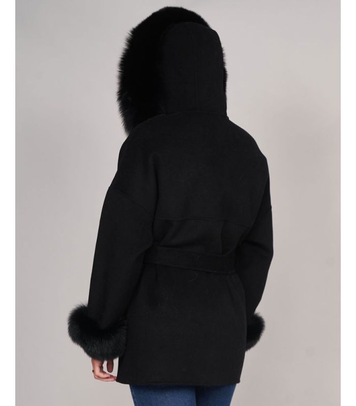Black Wrap Coat With Fox Fur Trim, Wool Coat With Fur Hood