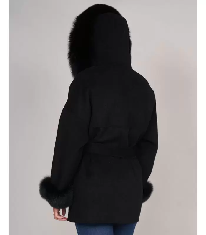 Hooded Wool Wrap Coat with Fox Fur Trim in Black