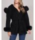 Hooded Wool Wrap Coat with Fox Fur Trim in Black