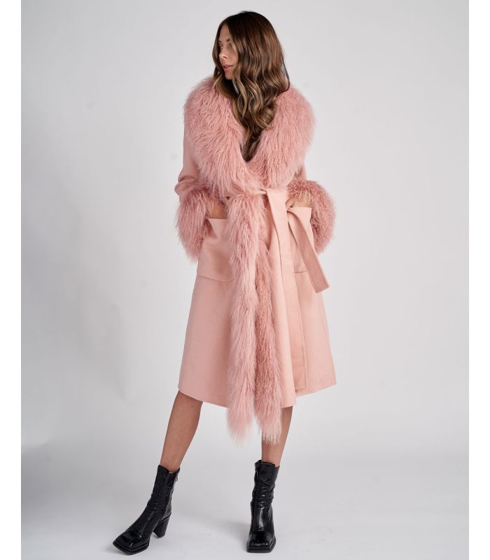 Cashmere Wrap Coat With Mongolian Lamb Fur in Blush| FurSource.com