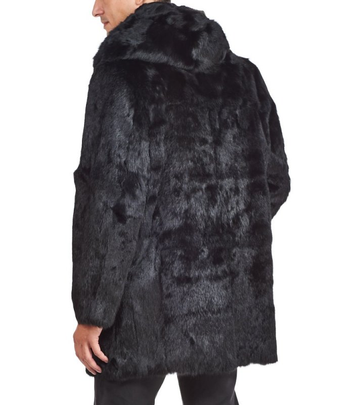 Noir Black Hooded Men's Rabbit Fur Coat: FurSource.com