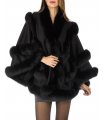 Black Tiered Cashmere Wrap with Fox Fur Embellishment