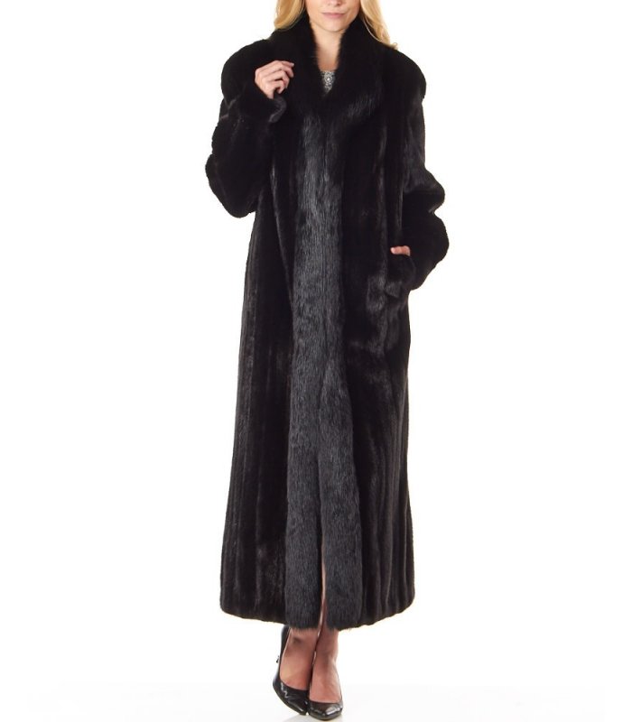 The Caitlin Black Mink Coat with Fox Tuxedo Collar : FurSource.com